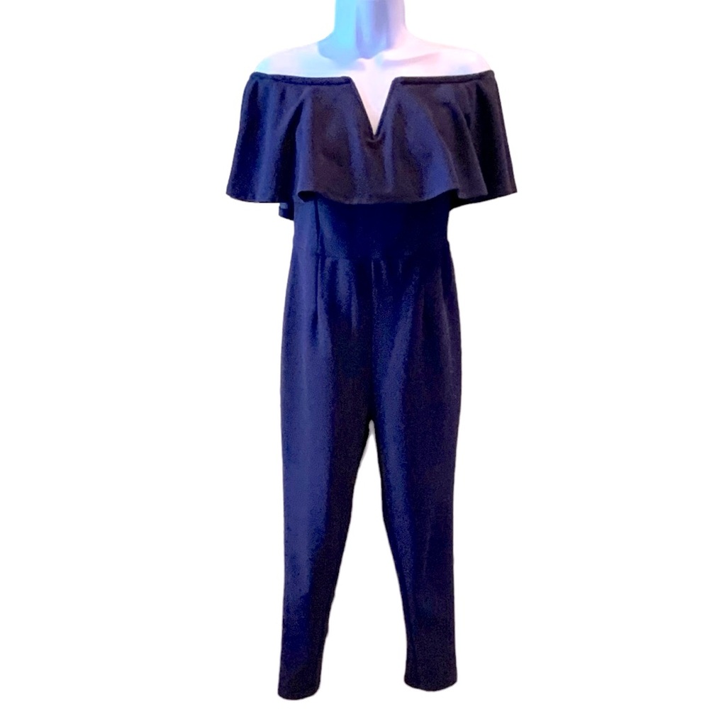 Navy Blue Strapless Jumpsuit Low V Neck Ruffle Side Zipper Ankle Length Size M